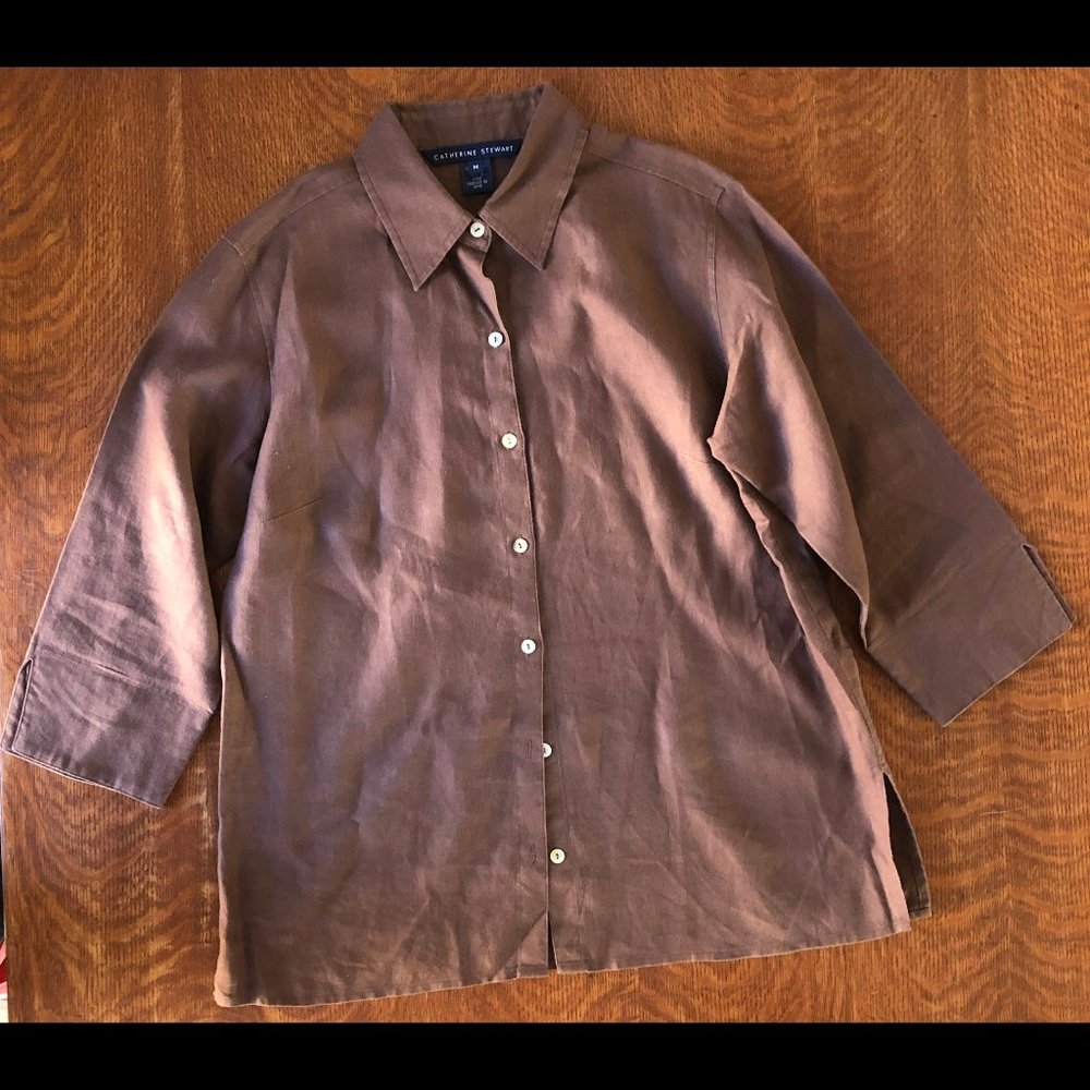 Catherine Stewart Linen Brown Button Shirt Women M